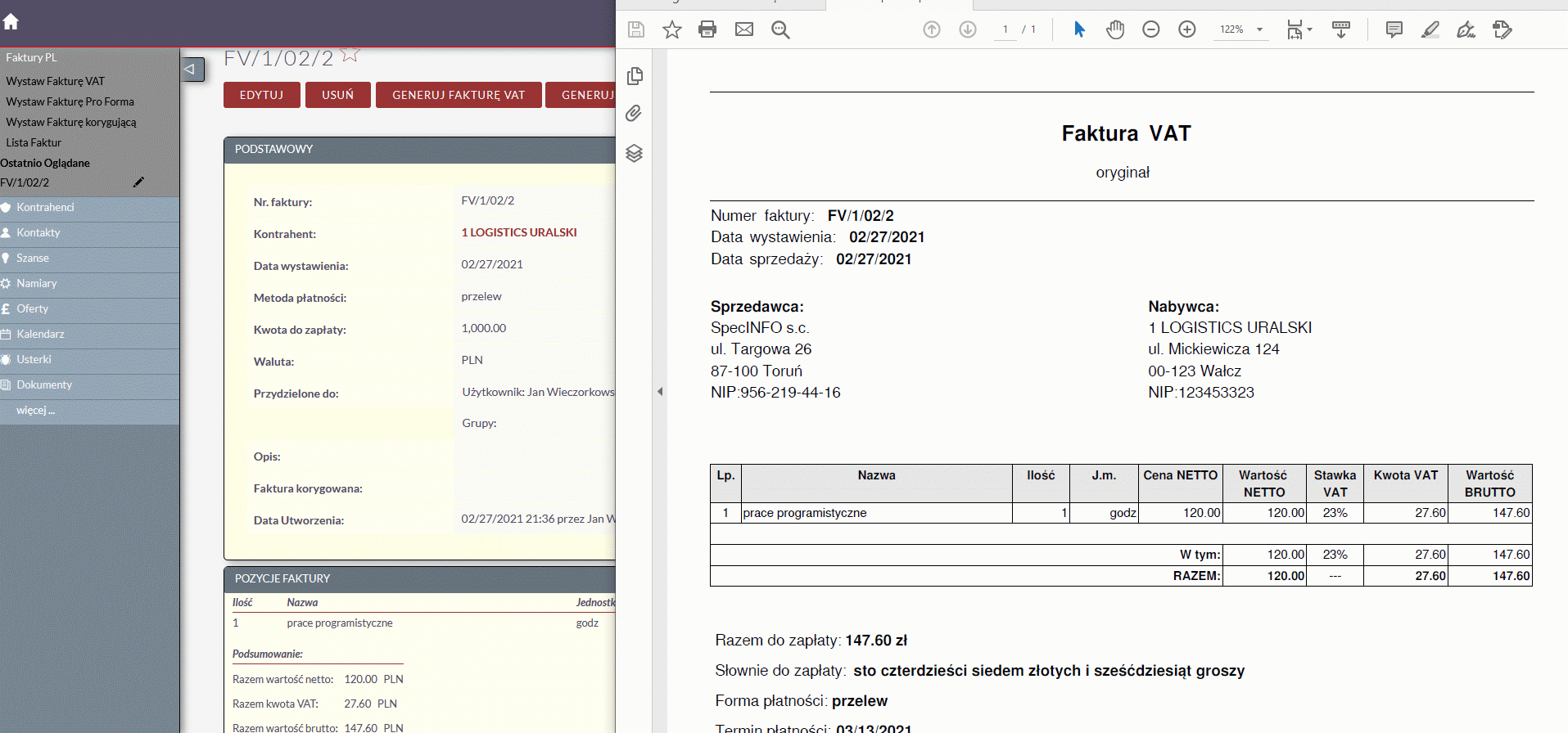 Wygenerowana faktura w PDF